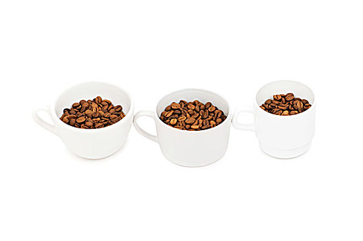 三个,白色,杯子,满,咖啡豆