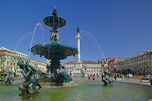 罗斯奥广场,喷泉,雕塑,里斯本,葡萄牙