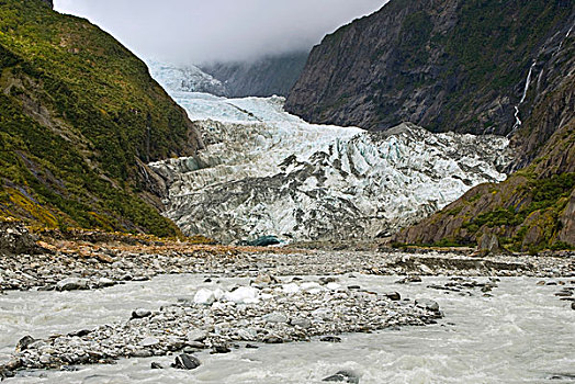 风景,冰河,出现,河,瓦赫河,弗朗茨约瑟夫冰川,西区国家公园,南阿尔卑斯山,南岛,新西兰