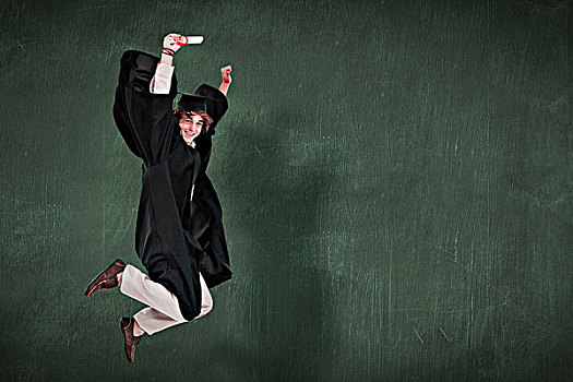 合成效果,图像,高兴,男性,学生,毕业,长袍,跳跃,绿色,黑板