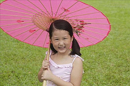 女孩,粉色,传统,中国人,油纸伞,看镜头