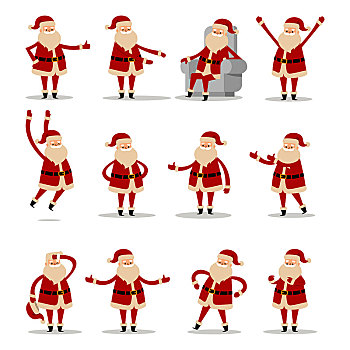 不同,圣诞老人,移动,白色背景,背景,运动,活动,保持健康,穿戴,红色,温暖,外套,裤子,软,帽子,手套,黑色,靴子,宽,腰带,矢量,插画