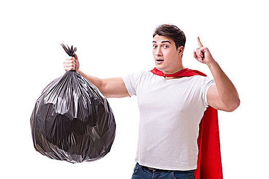 超人,男人,垃圾,袋,隔绝,白色背景