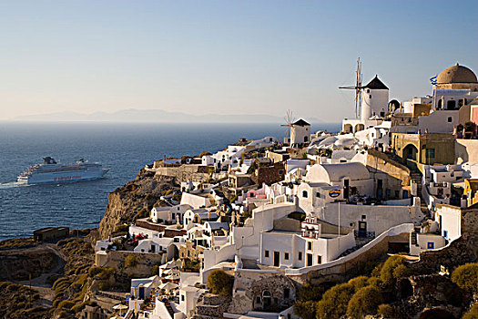 希腊,岛屿,锡拉岛,城镇,许多,家,悬崖,边缘,老,时间,风车