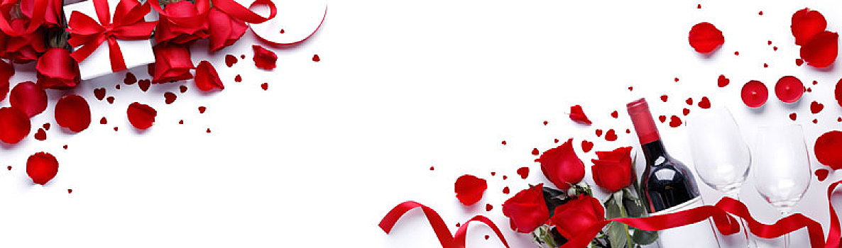 情人节创意,红玫瑰,红酒,红丝带