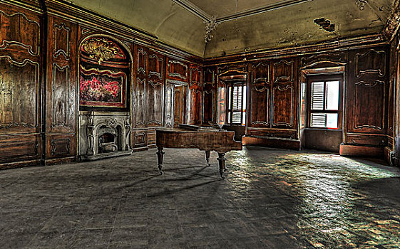 老,房间,钢琴,壁炉