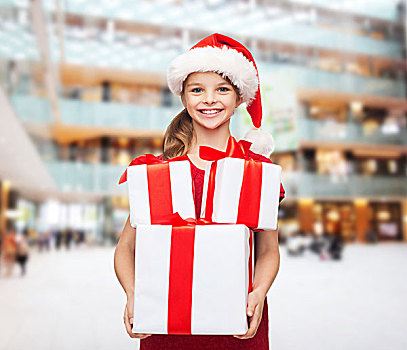 休假,礼物,圣诞节,孩子,人,概念,微笑,小女孩,圣诞老人,帽子,礼盒,上方,购物中心,背景