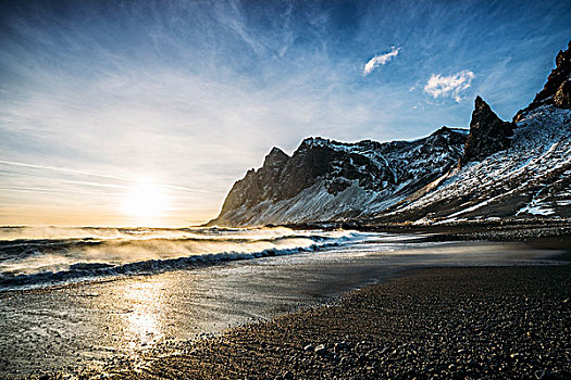 日落,上方,平和,海滩,雪,山,冰岛