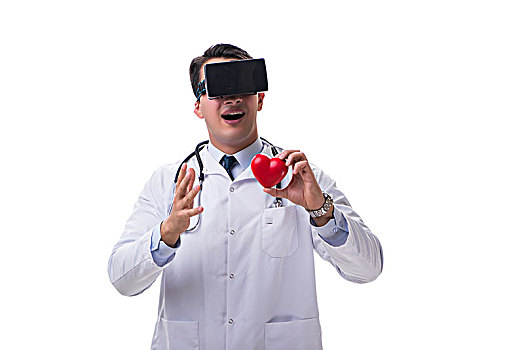 医生,戴着,虚拟现实,耳机,隔绝,白色背景,背景