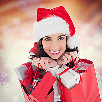 合成效果,图像,微笑,黑发,拿着,购物袋,满,礼物,发光,圣诞节,背景
