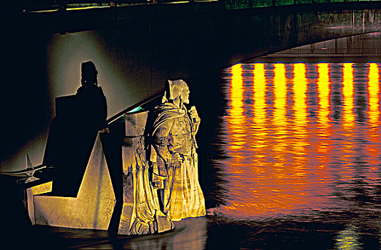 巴黎,郡,夜晚,桥,雕塑