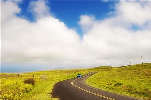 夏威夷,夏威夷大岛,汽车,驾驶,马鞍,道路,弯曲,草,山,靠近,牧场