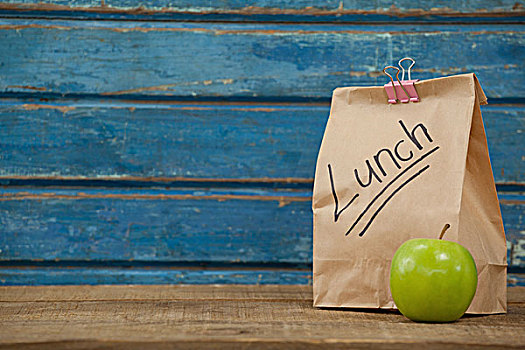苹果,午餐,包,蓝色,木质背景