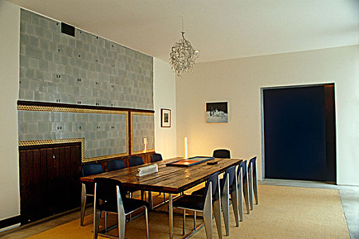 餐厅,老,木桌子,现代,椅子,蓝色,滑动门