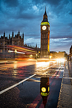 痕迹,亮光,双层巴士,晚上,威斯敏斯特桥,威斯敏斯特宫,议会大厦,大本钟,反射,威斯敏斯特,伦敦,英格兰,英国