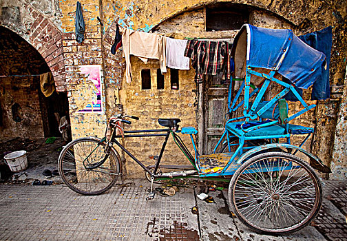 蓝色,人力三轮车,停放,户外,建筑,印度