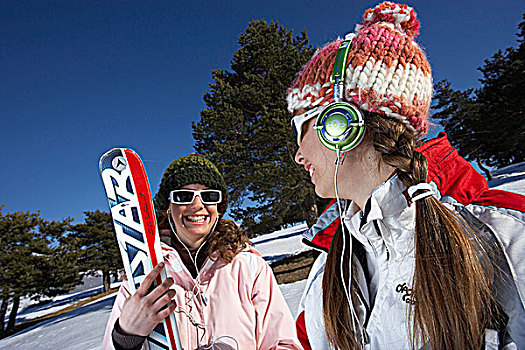 法国,阿尔卑斯山,肖像,两个,青少年,一个,拿着,滑雪