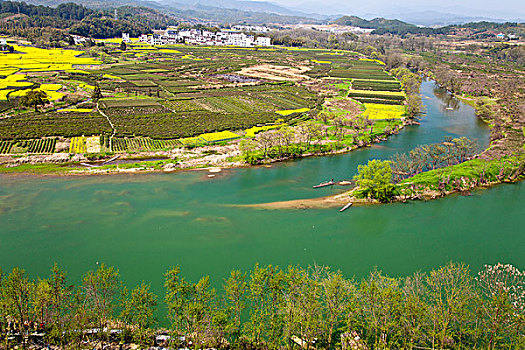 江西婺源,月亮湾,油菜花,徽派建筑,民居