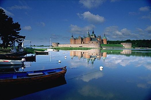 反射,城堡,水塘,史马兰,瑞典