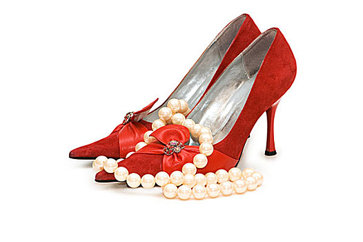 红色,鞋,珍珠项链,隔绝,白色背景