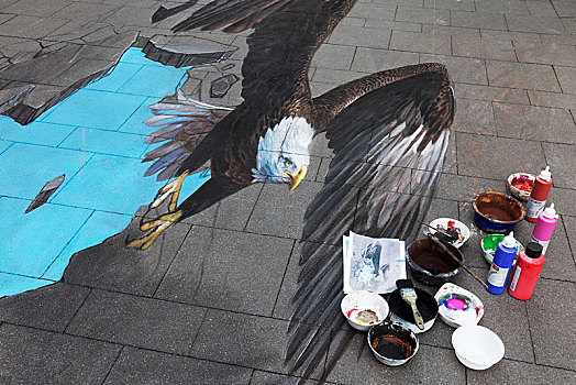 飞,鹰,3d,街头涂鸦,艺术家,公路,节日,北莱茵威斯特伐利亚,德国,欧洲
