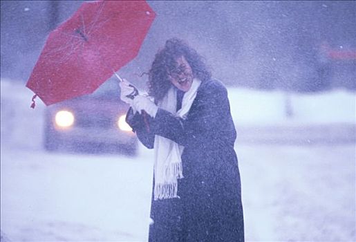 女人,伞,走,暴风雪,冬季,肖像