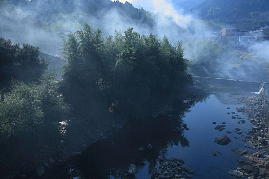 小河,小溪,无建筑,水面,水,树木,天空,蓝天