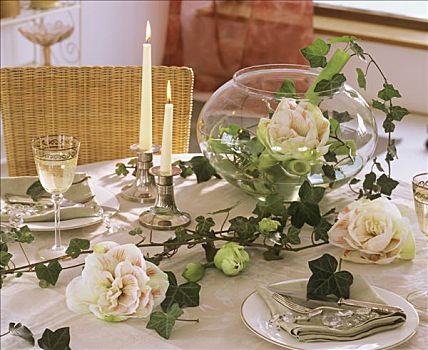 孤挺花,圆,玻璃花瓶,节日餐桌
