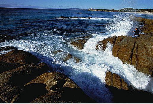 男人,岩石上,碰撞,波浪,火焰湾,塔斯马尼亚,澳大利亚