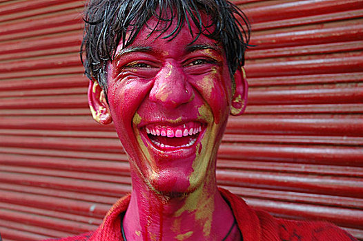 笑,有趣,头像,年轻,男人,室外,脸,彩色,节日,印度,2007年
