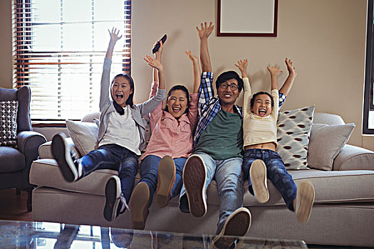 微笑,家庭,看电视,一起,客厅,在家