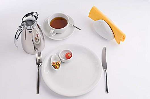 早餐桌,热水瓶,杯子,白色,瓷器,橄榄,西红柿,面包