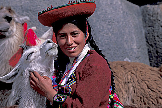 南美,秘鲁,库斯科市,印第安女人,美洲驼
