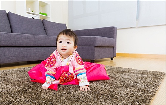 韩国人,小女孩,爬行,地毯