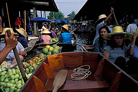 泰国,女人,划船,木质,独木舟,丹嫩沙多水上市场,西部,曼谷