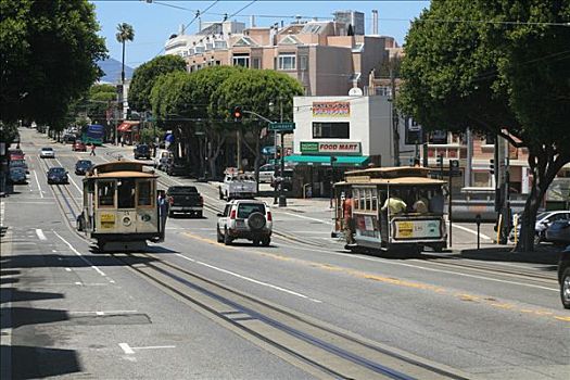 两个,有轨电车,穿过,市区,旧金山,加利福尼亚,美国