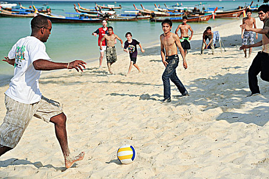 玩,足球,海滩,甲米,泰国