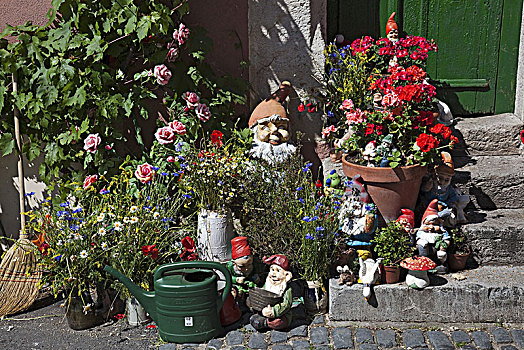 花园小矮人,正面,门,罗腾堡,中心,弗兰克尼亚,巴伐利亚,德国南部,德国