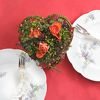 餐饭,两个,桌面布置,桌饰,心形,玫瑰