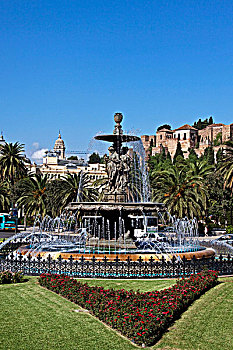 广场,喷泉,感谢,三个,19世纪,正面,城镇,大教堂,阿尔卡萨瓦城堡,城堡,马拉加,安达卢西亚,西班牙,欧洲