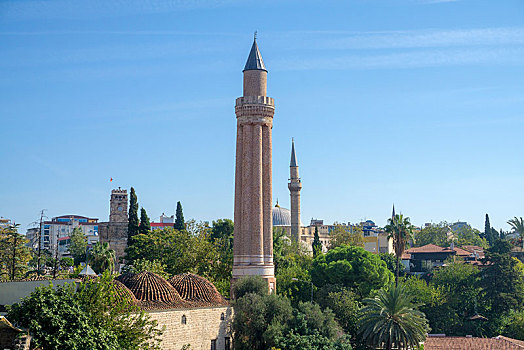 风景,伊利尖塔,后面,种子,钟楼,清真寺,老城,安塔利亚,土耳其,里维埃拉,亚洲