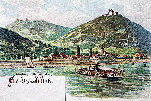 多瑙河,靠近,维也纳,山,奥地利,历史,明信片