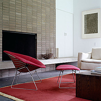 红色,椅子,脚凳,现代,壁炉,生活方式,区域