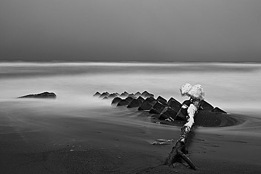 积雪,浪花,岩石,海滩,冬天