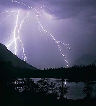 雷暴,闪电,洛伊萨赫河,山谷,湖,靠近,上巴伐利亚,巴伐利亚,德国