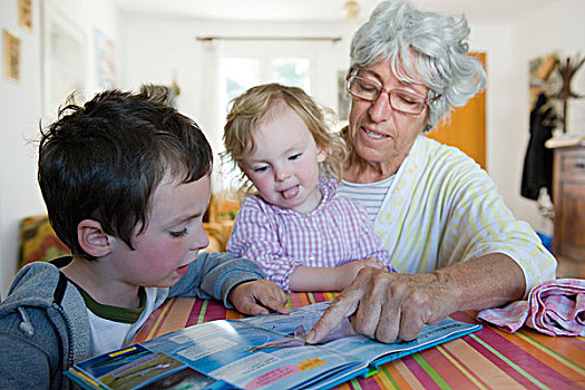 祖母,读,书本,孩子,孙辈