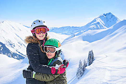 头像,滑雪,少女,兄弟,搂抱,阿尔卑斯山,瑞士