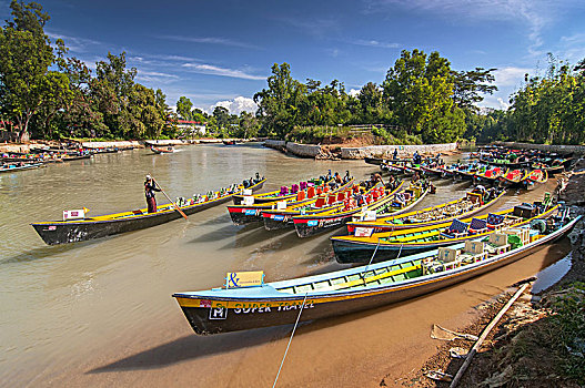 船,等待,旅游,茵莱湖,掸邦,缅甸