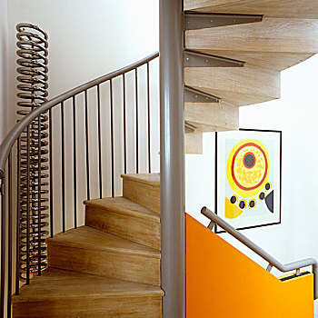 螺旋楼梯,金属,木质,楼梯,栏杆,橘黄色