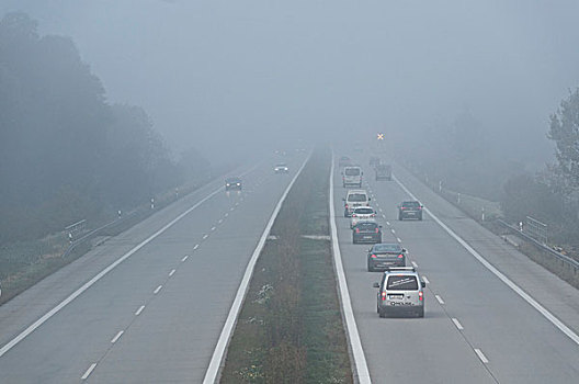 高速公路,雾,照亮,警告,危险,靠近,弗赖辛,上巴伐利亚,巴伐利亚,德国,欧洲